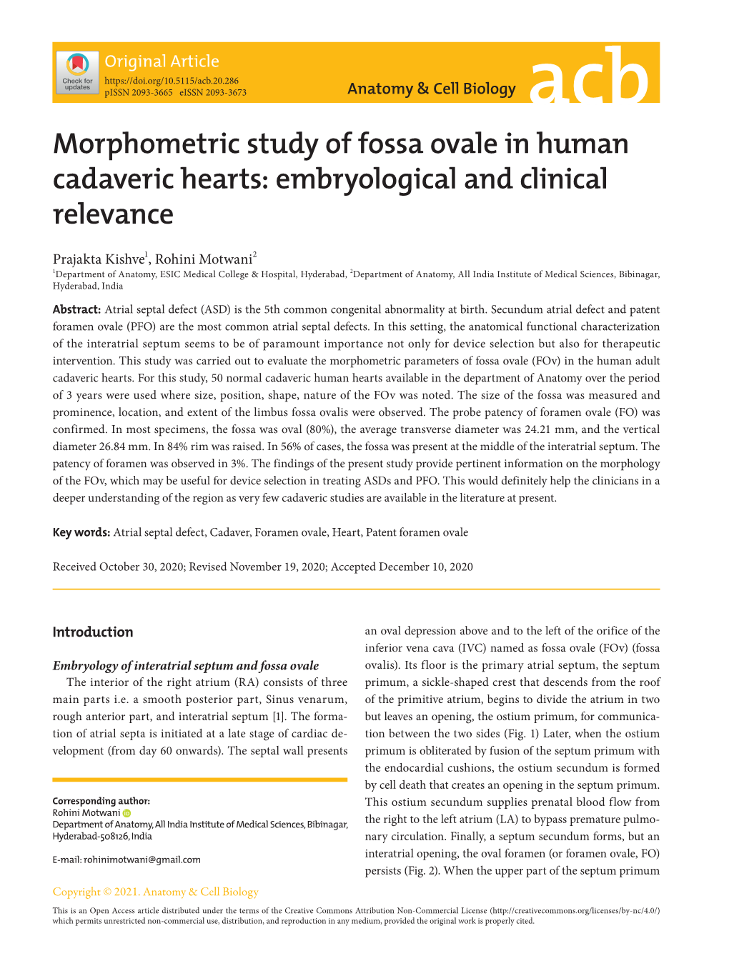 Morphometric Study of Fossa Ovale in Human Cadaveric Hearts: Embryological and Clinical Relevance