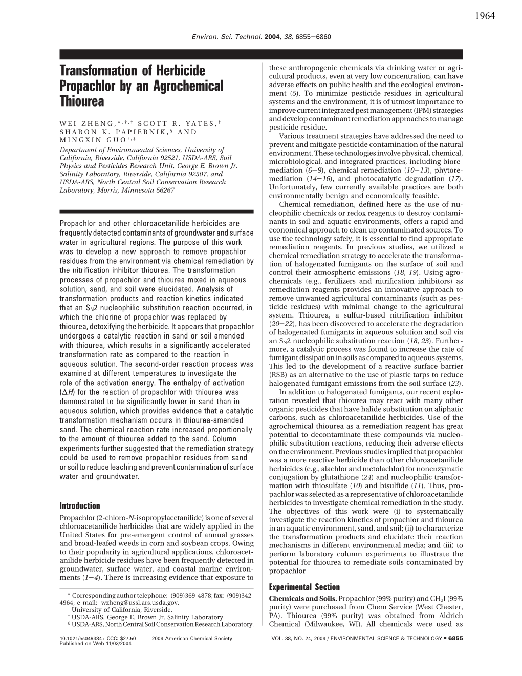 Transformation of Herbicide Propachlor by an Agrochemical