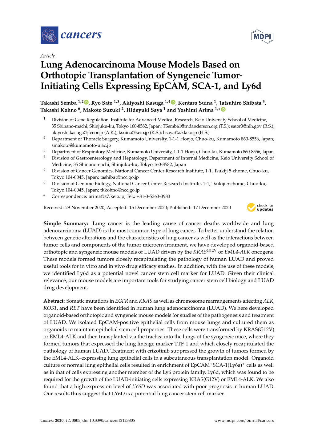 Lung Adenocarcinoma Mouse Models Based on Orthotopic Transplantation of Syngeneic Tumor- Initiating Cells Expressing Epcam, SCA-1, and Ly6d