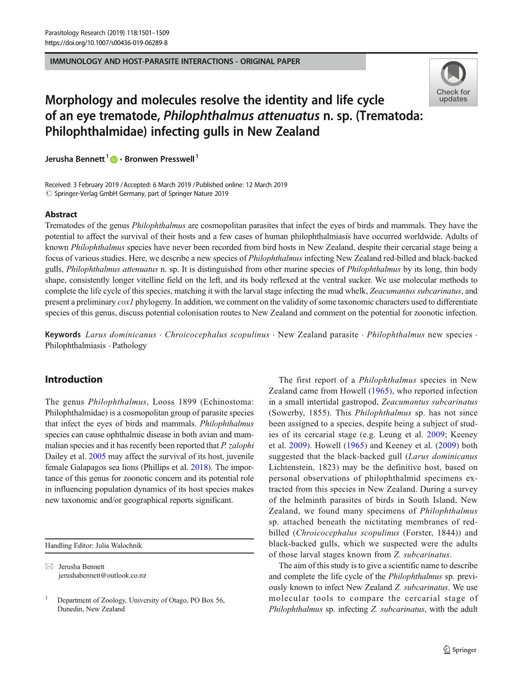 (Trematoda: Philophthalmidae) Infecting Gulls in New Zealand