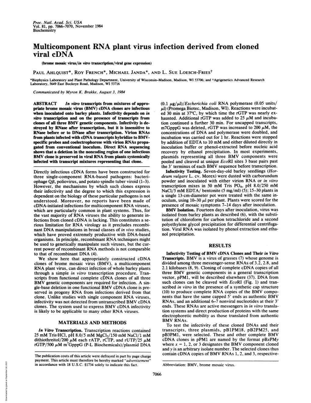 Multicomponent RNA Plant Virus Infection Derived from Cloned Viral