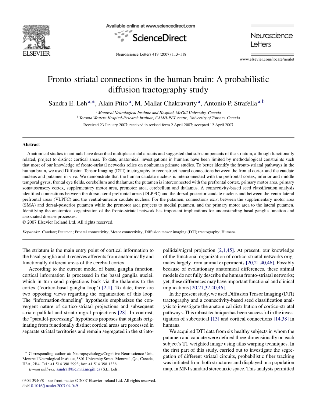 Fronto-Striatal Connections in the Human Brain: a Probabilistic Diffusion Tractography Study Sandra E