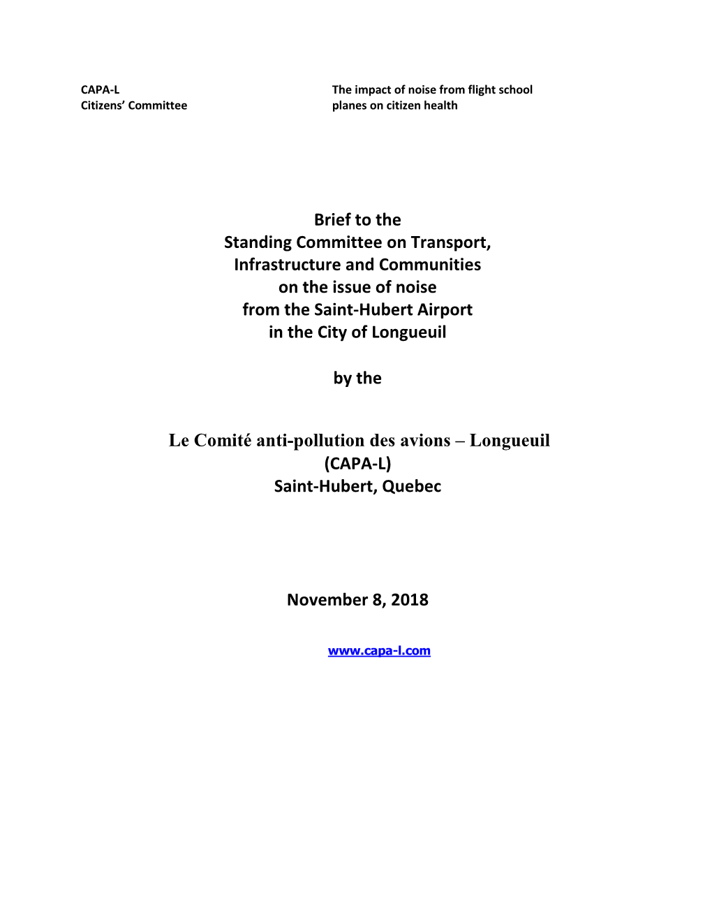 Brief to the Standing Committee on Transport, Infrastructure and Communities on the Issue of Noise from the Saint-Hubert Airport in the City of Longueuil