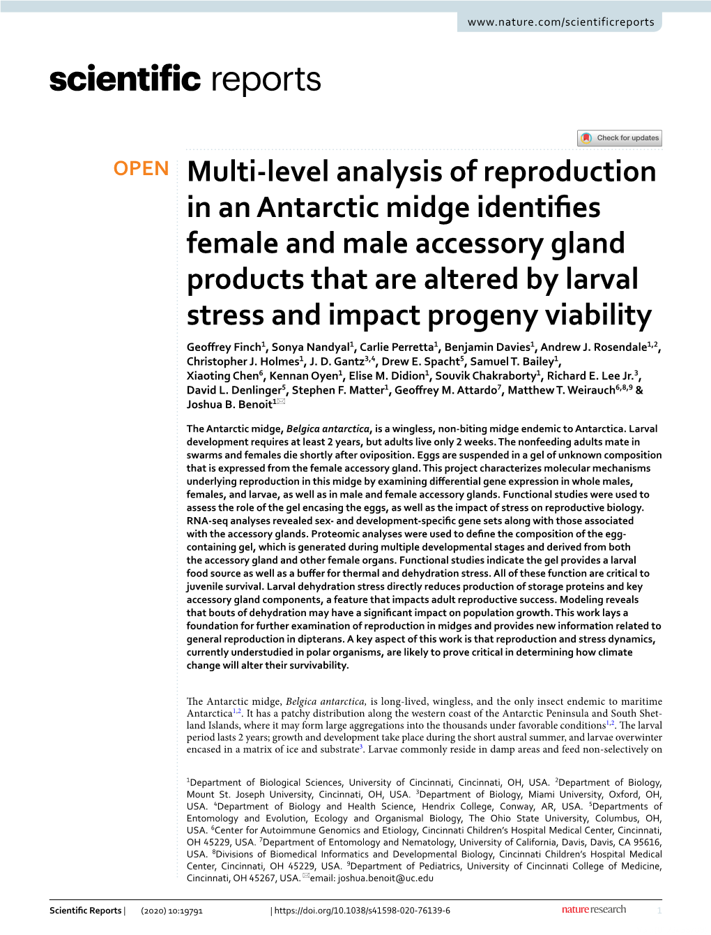 Multi-Level Analysis of Reproduction in an Antarctic Midge Identifies Female and Male Accessory Gland Products That Are Altered