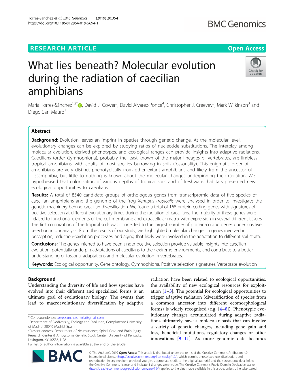 Molecular Evolution During the Radiation of Caecilian Amphibians María Torres-Sánchez1,2* , David J