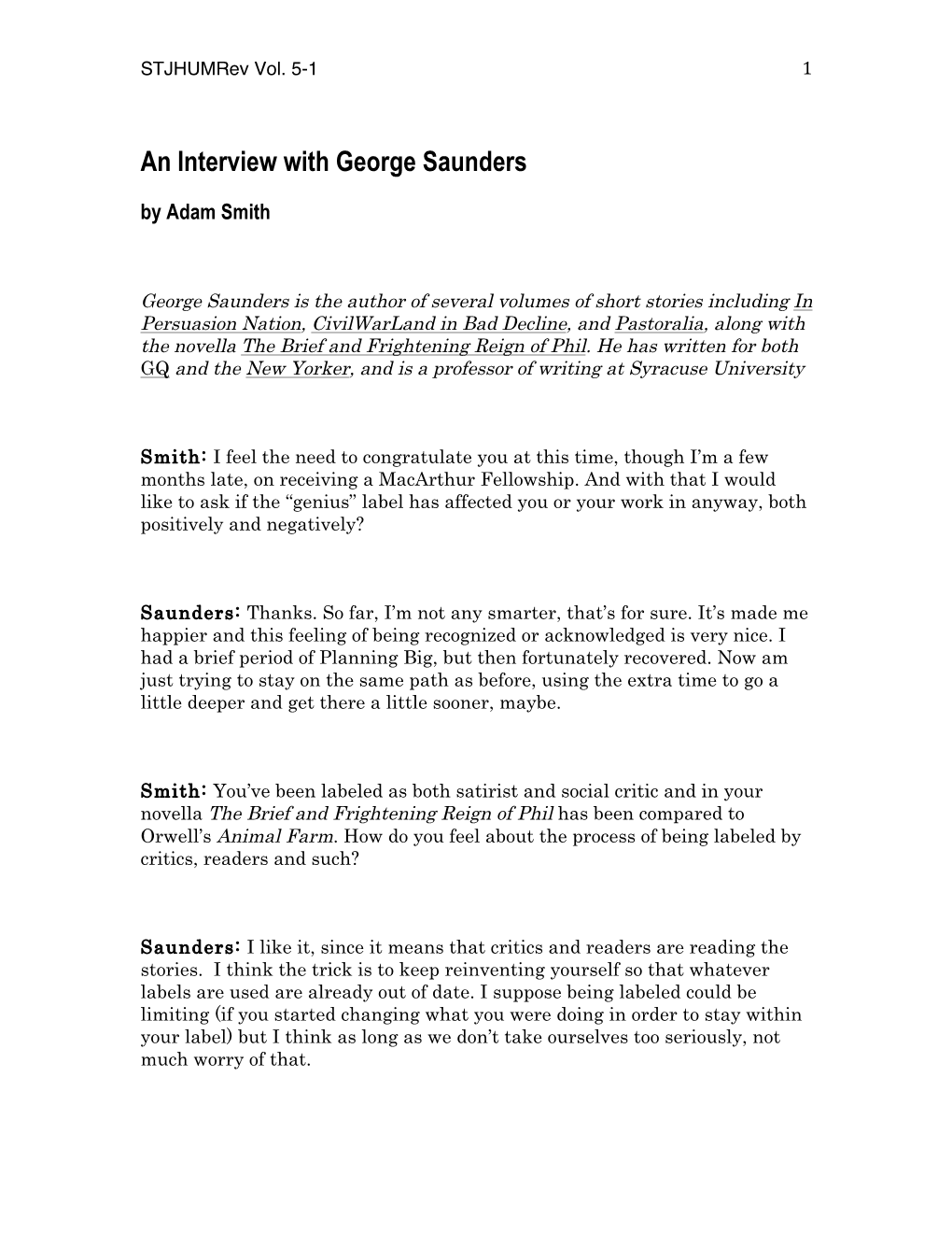 An Interview with George Saunders by Adam Smith