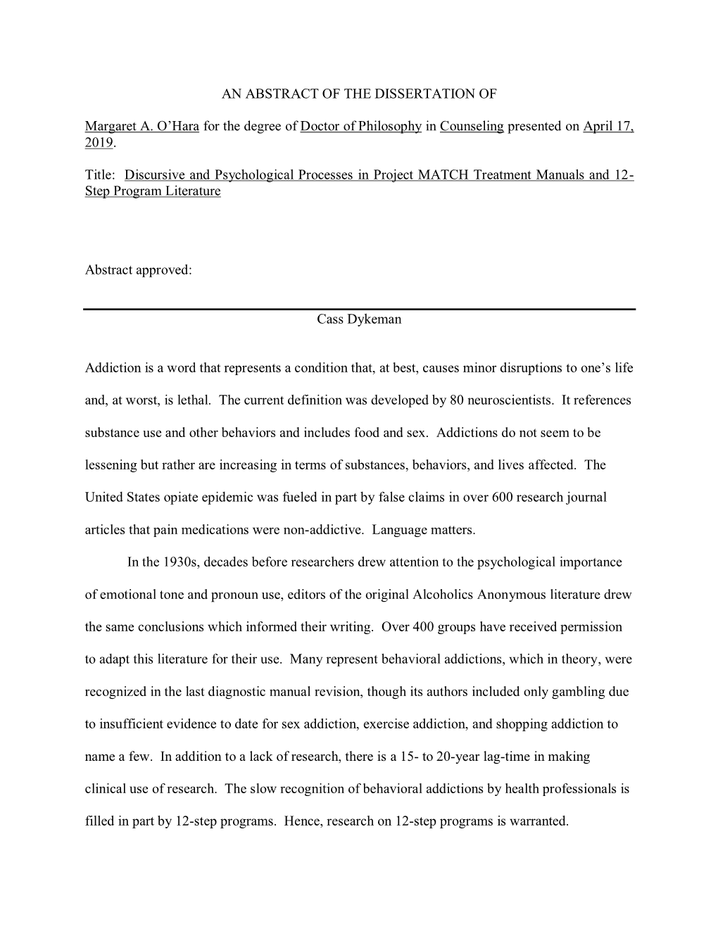 An Abstract of the Dissertation Of