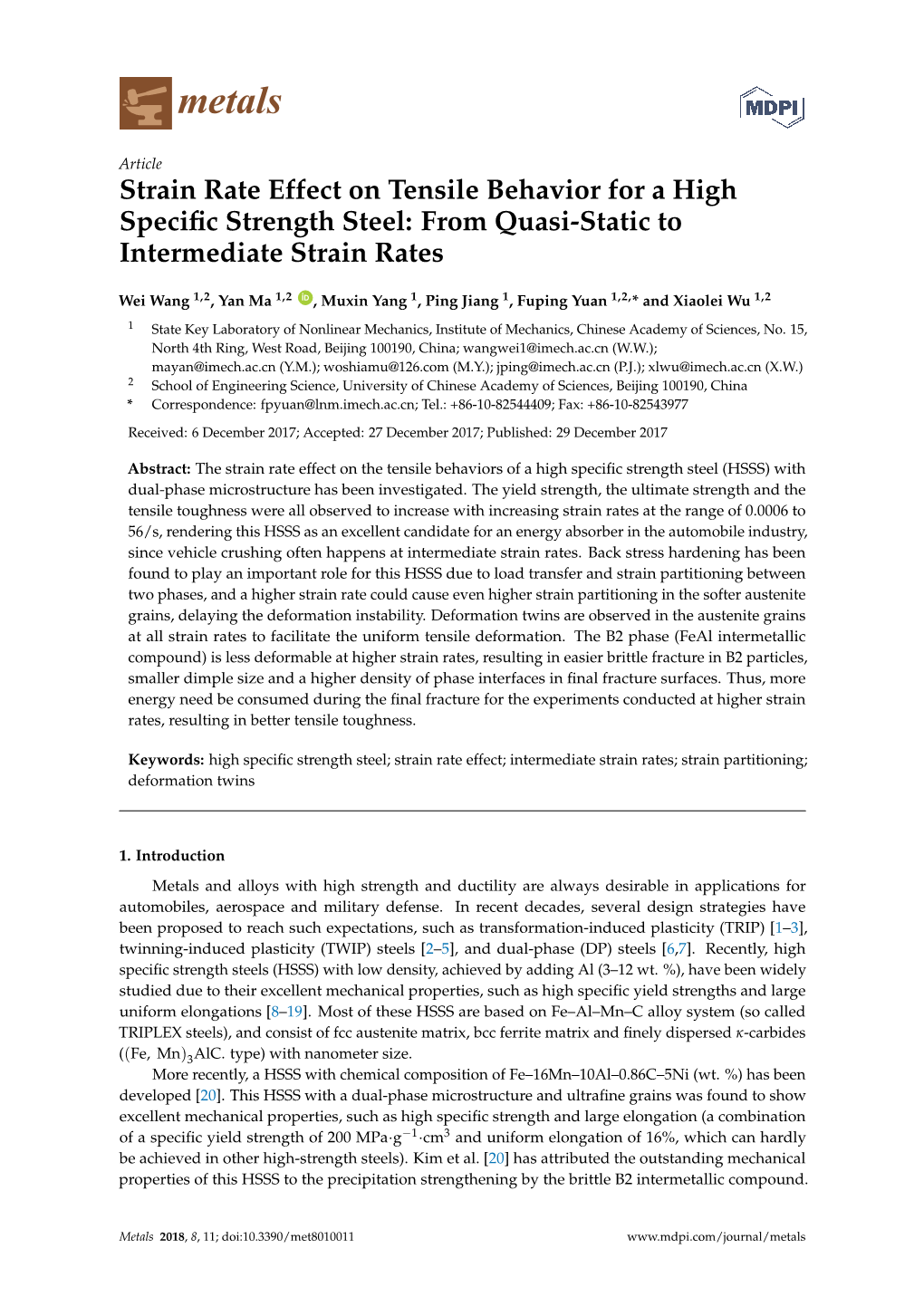 Strain Rate Effect on Tensile Behavior for a High Specific Strength Steel