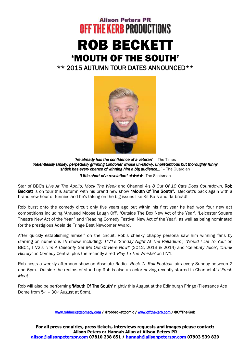 Rob Beckett ‘Mouth of the South’ ** 2015 Autumn Tour Dates Announced**