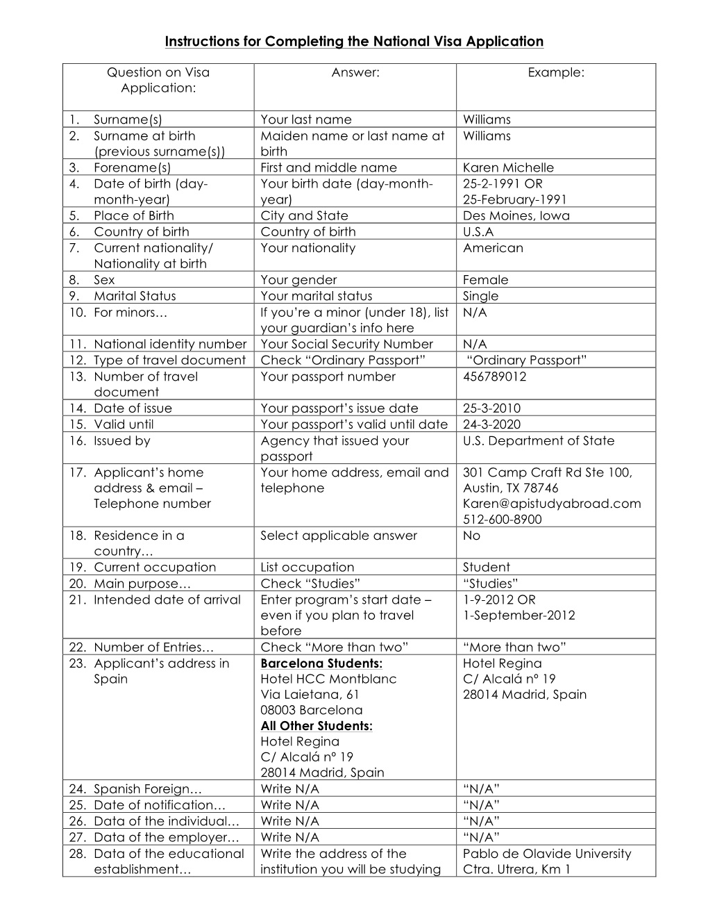 Instructions for Completing the National Visa Application