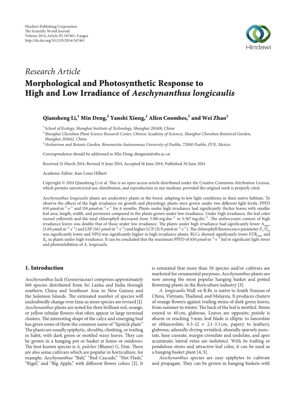 Morphological and Photosynthetic Response to High and Low Irradiance of Aeschynanthus Longicaulis