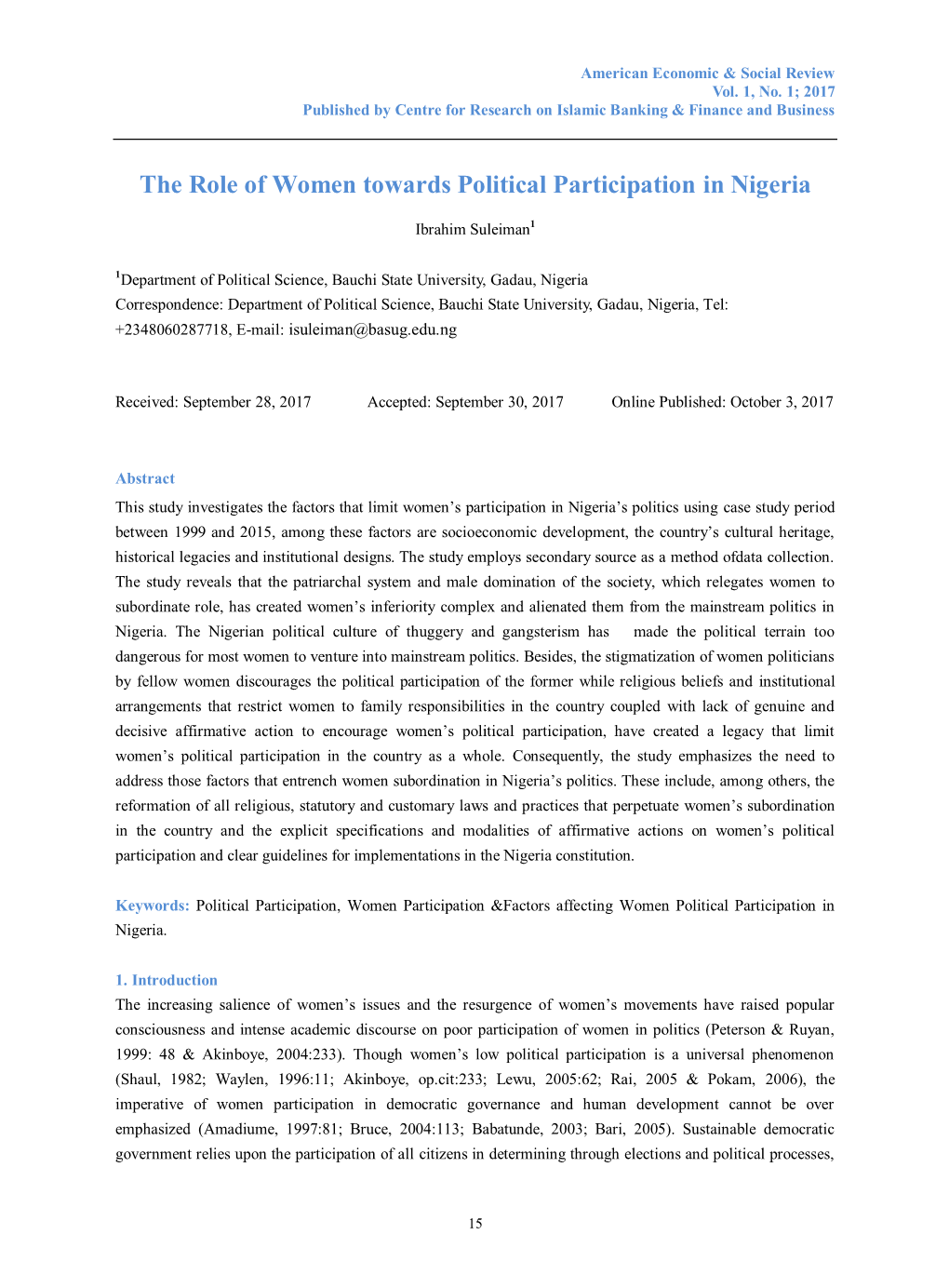 The Role of Women Towards Political Participation in Nigeria