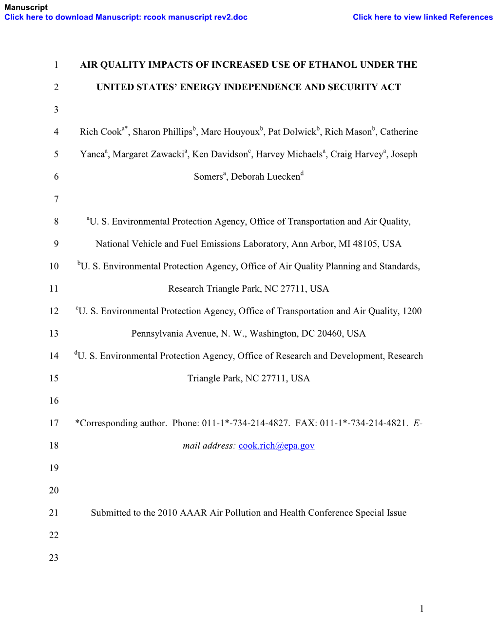 1 Air Quality Impacts of Increased Use of Ethanol Under The