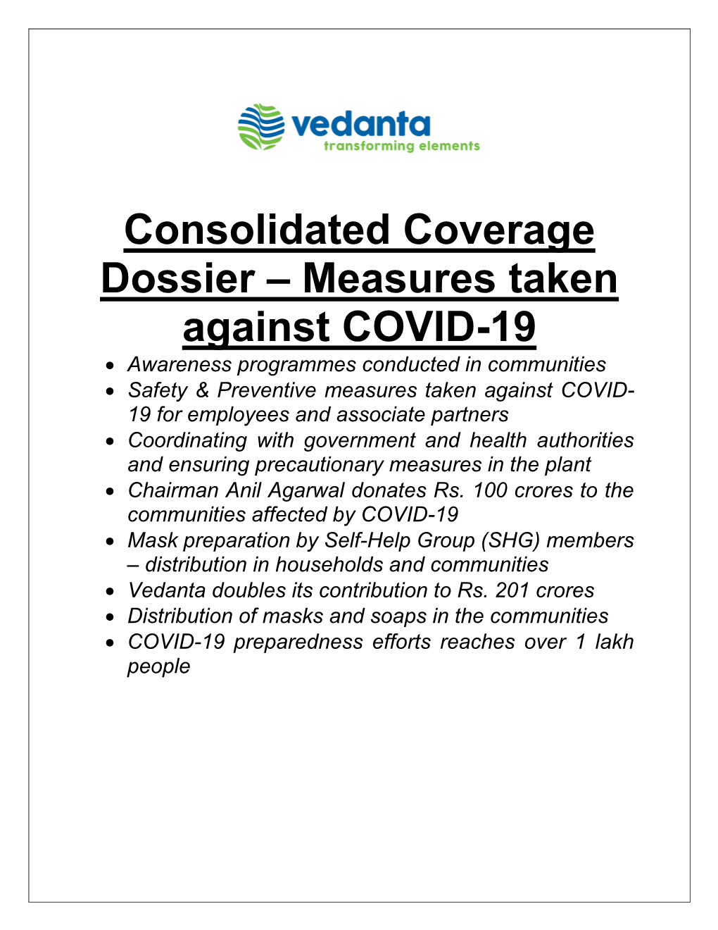 Consolidated Coverage Dossier – Measures Taken Against COVID-19