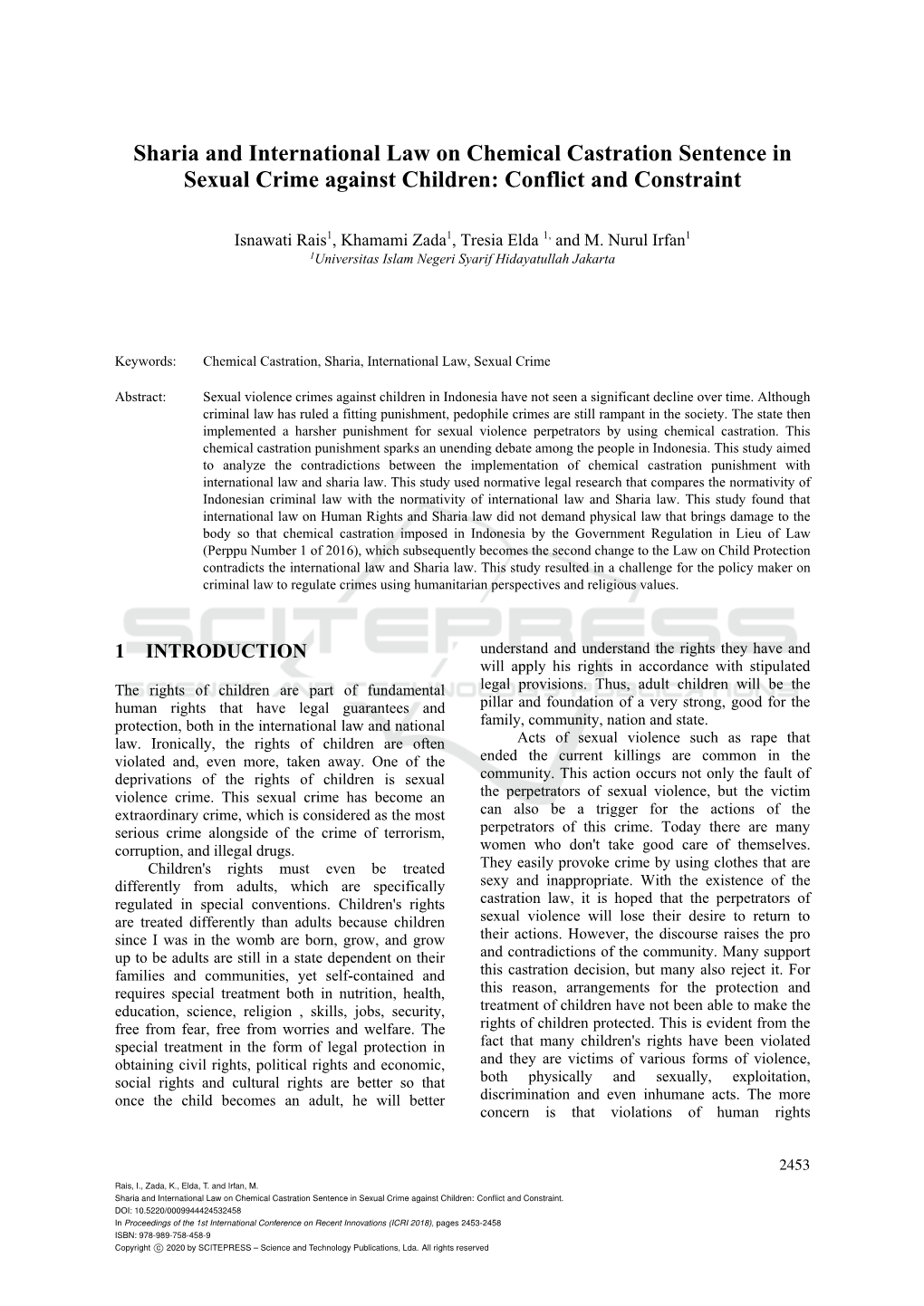 Sharia and International Law on Chemical Castration Sentence in Sexual Crime Against Children: Conflict and Constraint