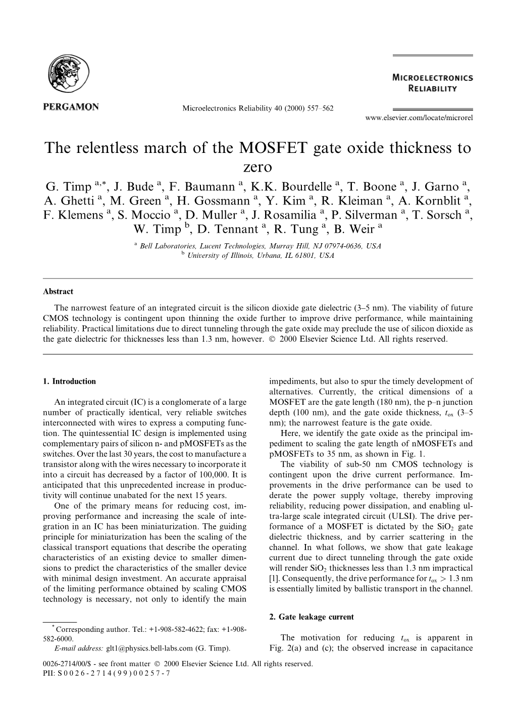 The Relentless March of the MOSFET Gate Oxide Thickness to Zero G