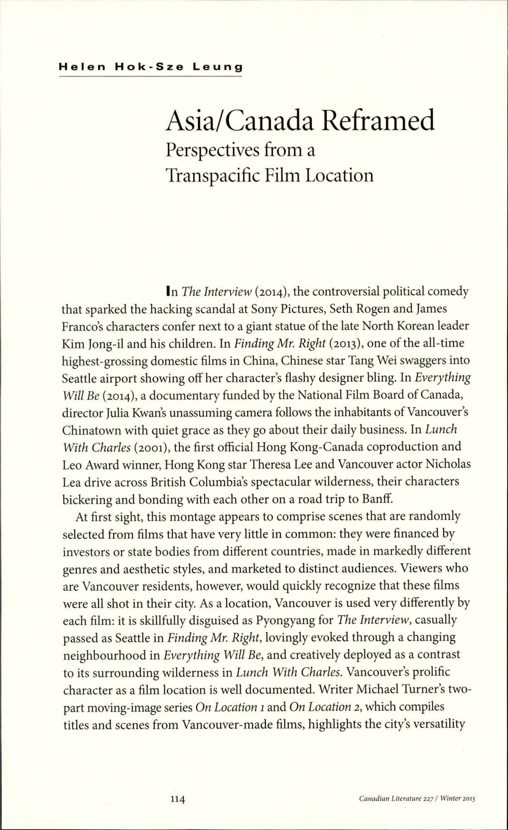Asia/Canada Reframed Perspectives from a Transpacific Film Location