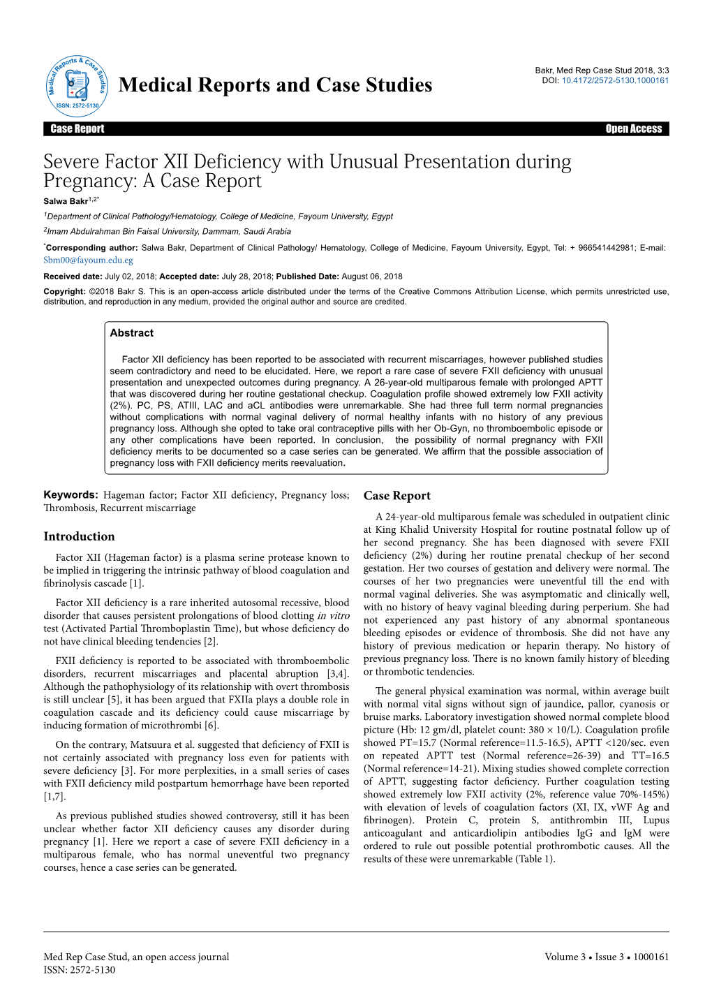 Severe Factor XII Deficiency with Unusual Presentation During Pregnancy: a Case Report