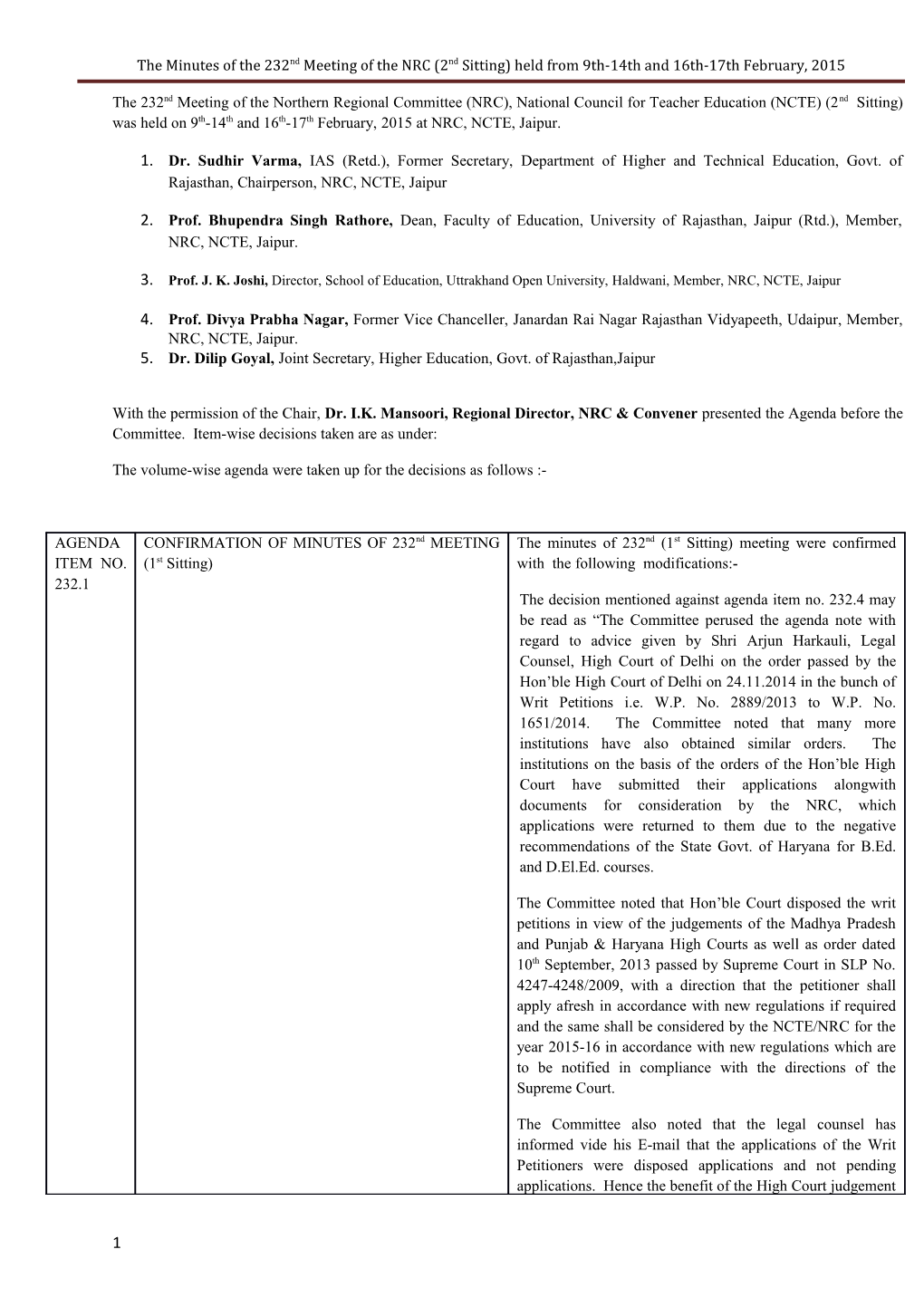 The Minutes of the 232Nd Meeting of the NRC (2Nd Sitting) Held from 9Th-14Th and 16Th-17Th