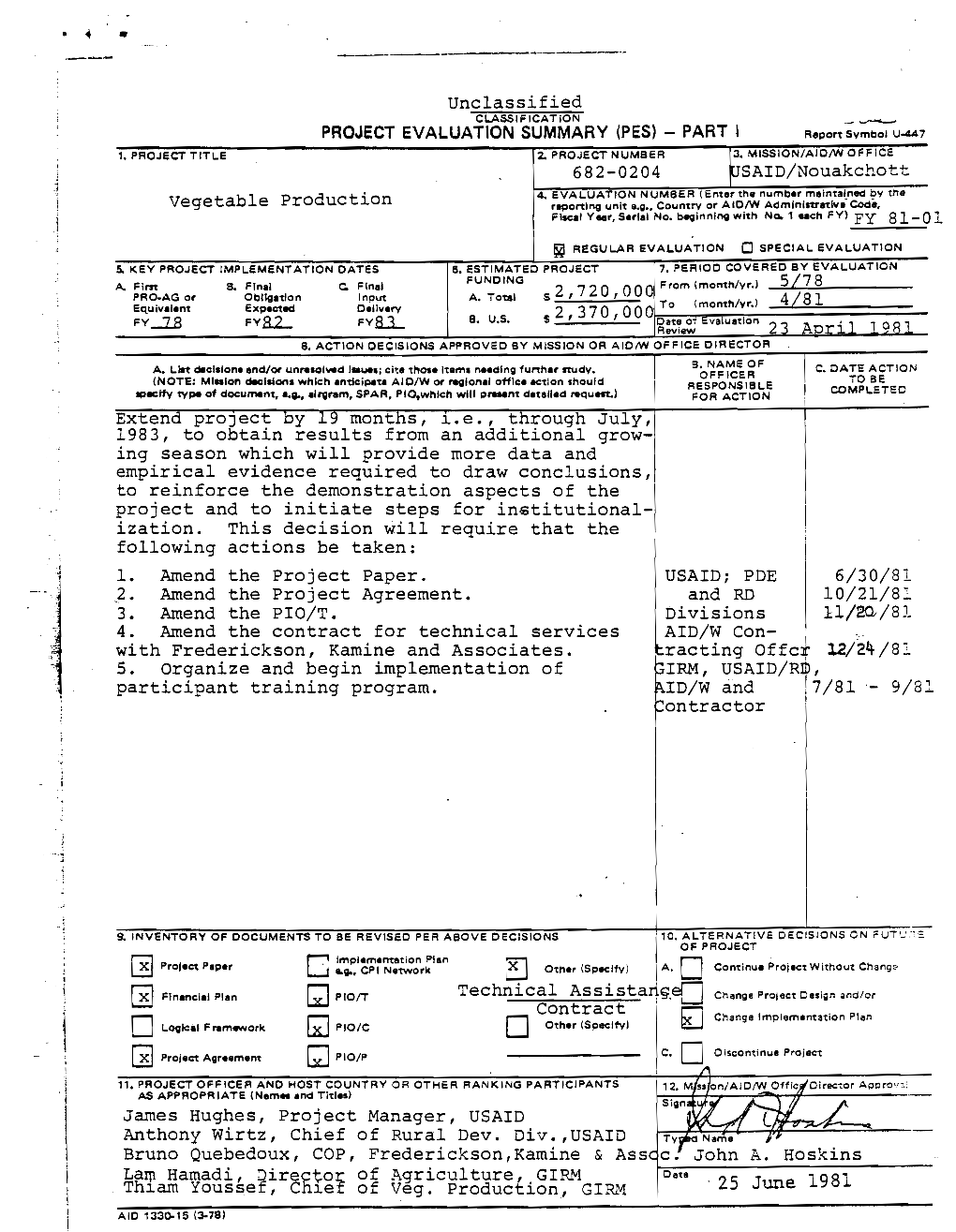 Unclassified SAID/Nouakchott Vegetable Production