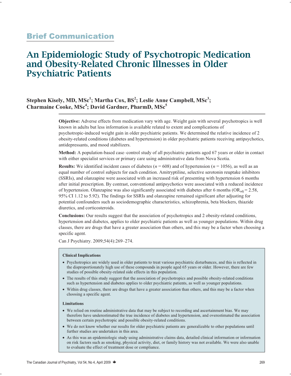 An Epidemiologic Study of Psychotropic Medication and Obesity-Related Chronic Illnesses in Older Psychiatric Patients