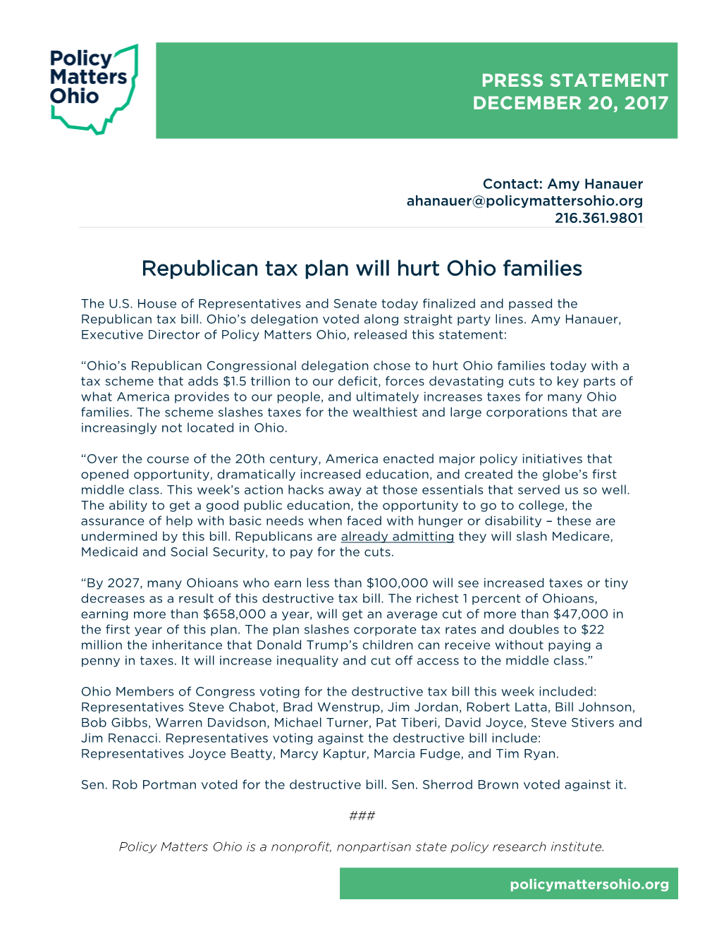 Republican Tax Plan Will Hurt Ohio Families