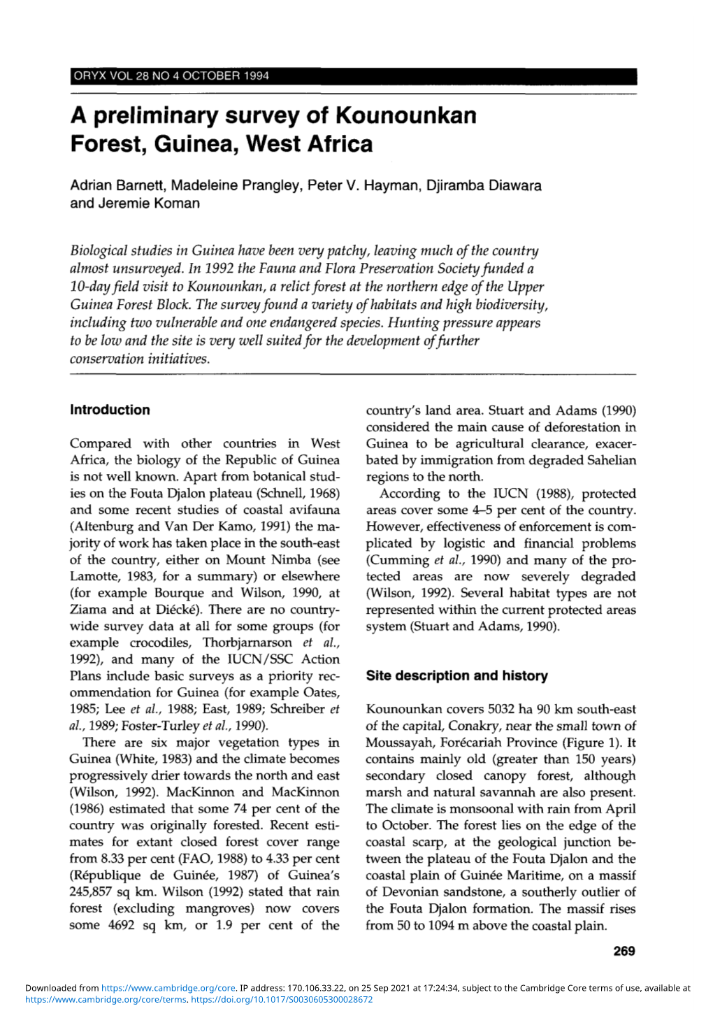 A Preliminary Survey of Kounounkan Forest, Guinea, West Africa