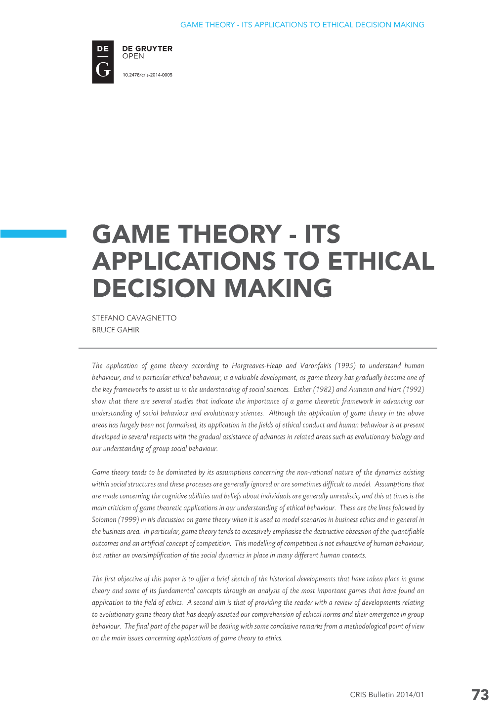 Game Theory - Its Applications to Ethical Decision Making