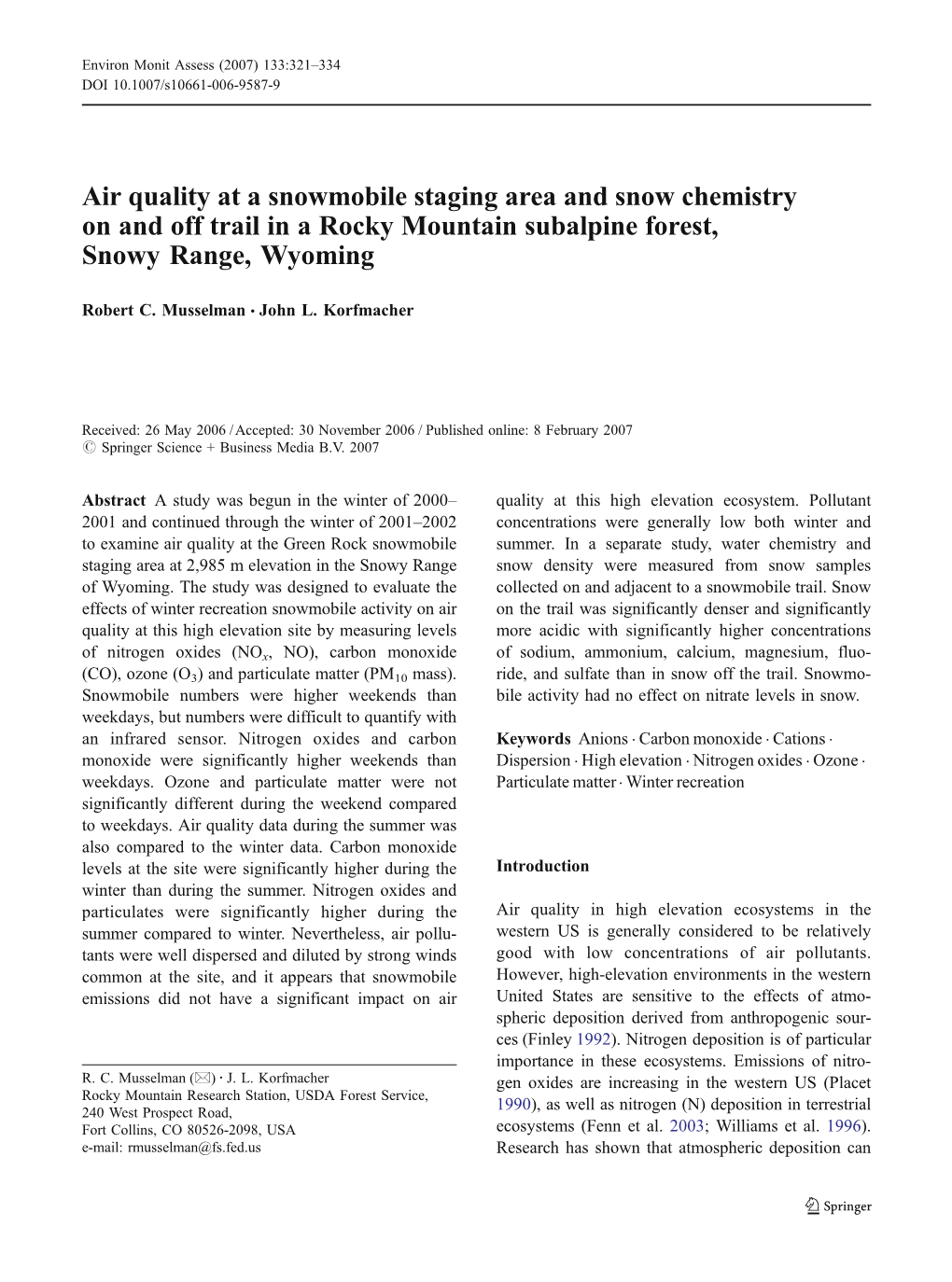 Air Quality at a Snowmobile Staging Area and Snow Chemistry on and Off Trail in a Rocky Mountain Subalpine Forest, Snowy Range, Wyoming