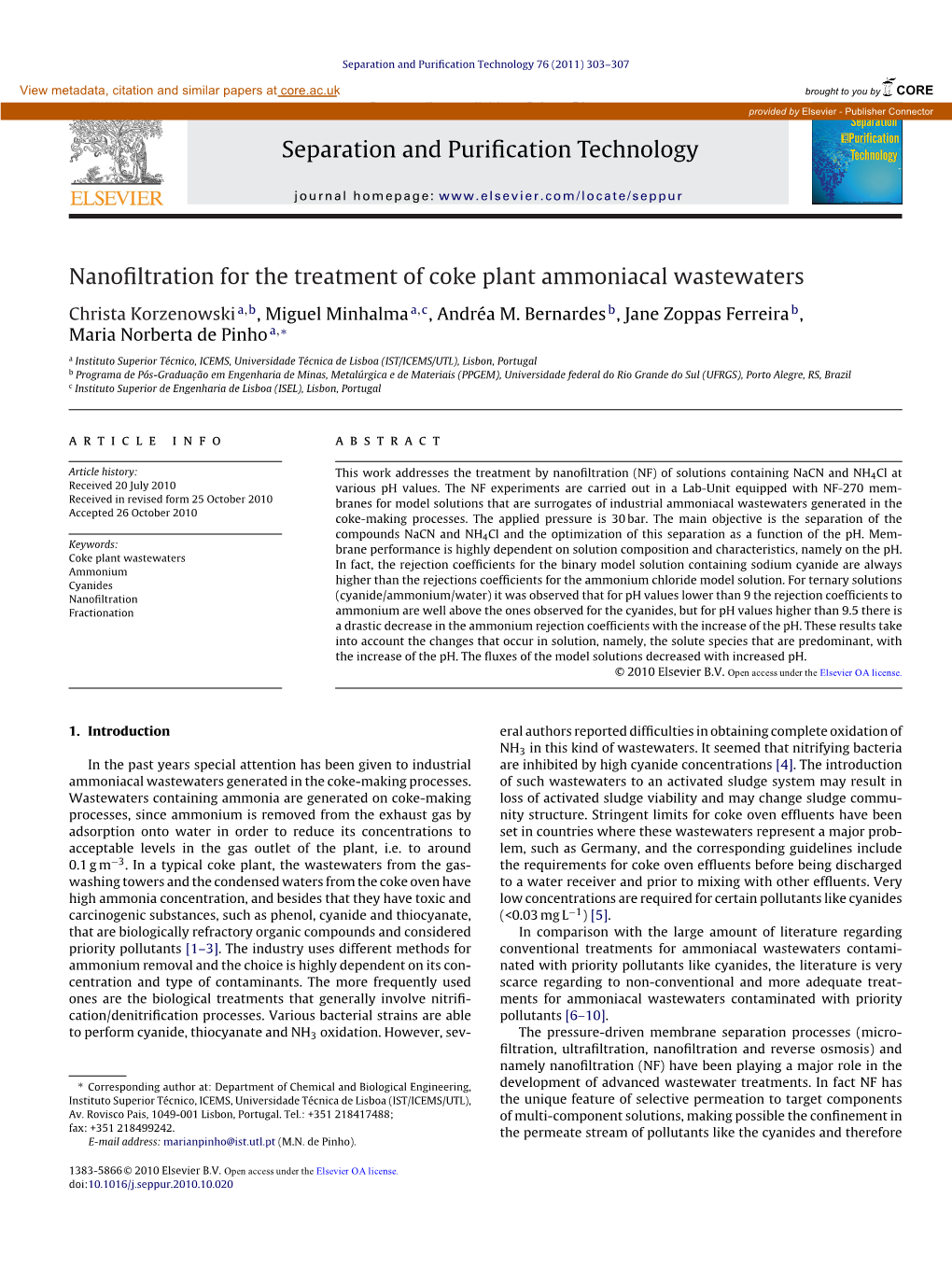 Nanofiltration for the Treatment of Coke Plant Ammoniacal Wastewaters