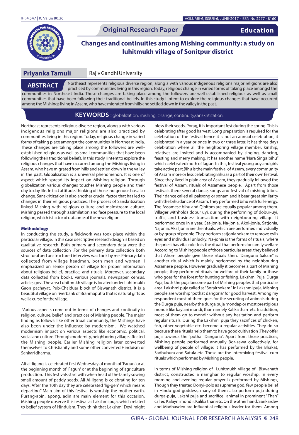 Changes and Continuities Among Mishing Community: a Study on Luhitmukh Village of Sonitpur District