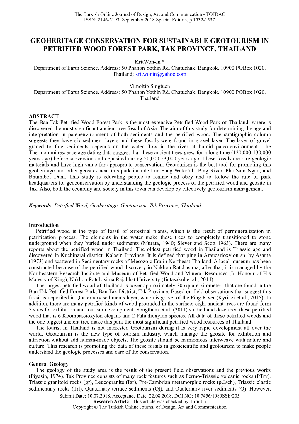 Geoheritage Conservation for Sustainable Geotourism in Petrified Wood Forest Park, Tak Province, Thailand