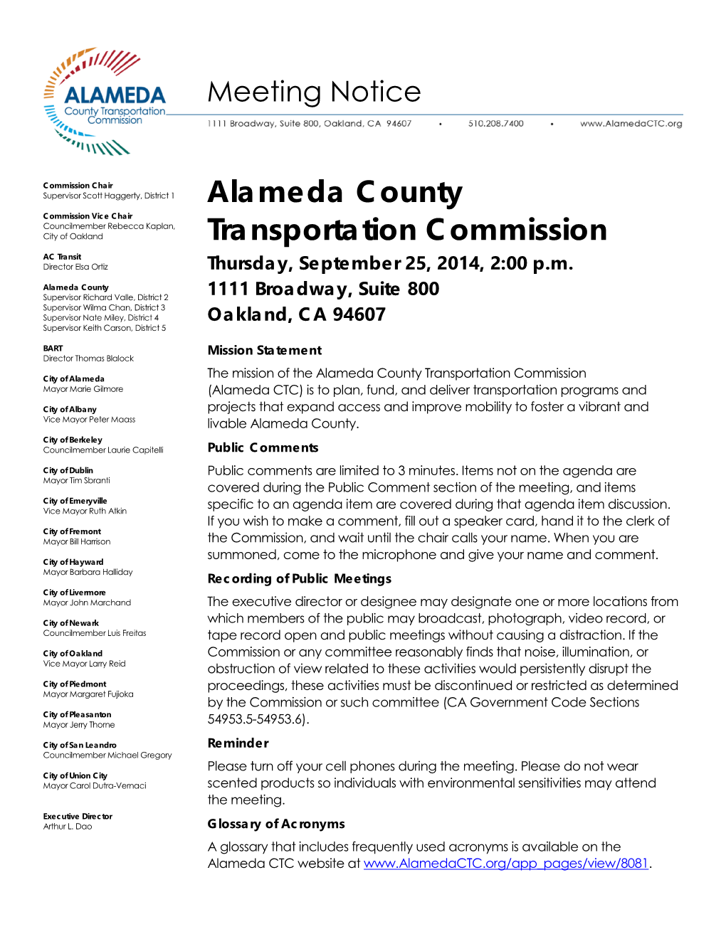 Alameda County Transportation Commission Thursday, September