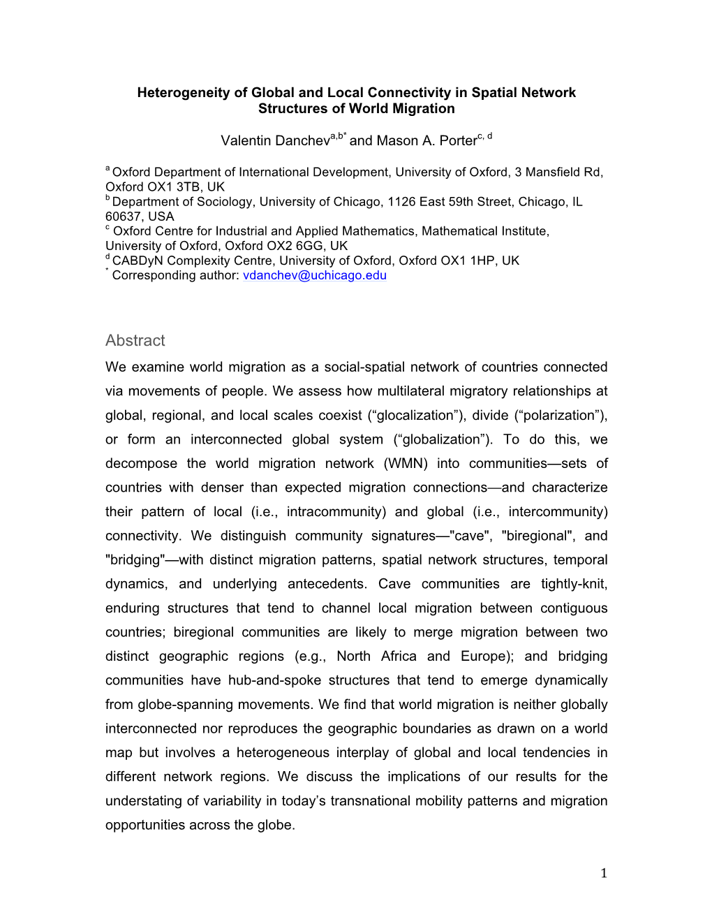 Heterogeneity of Global and Local Connectivity in Spatial Network Structures of World Migration