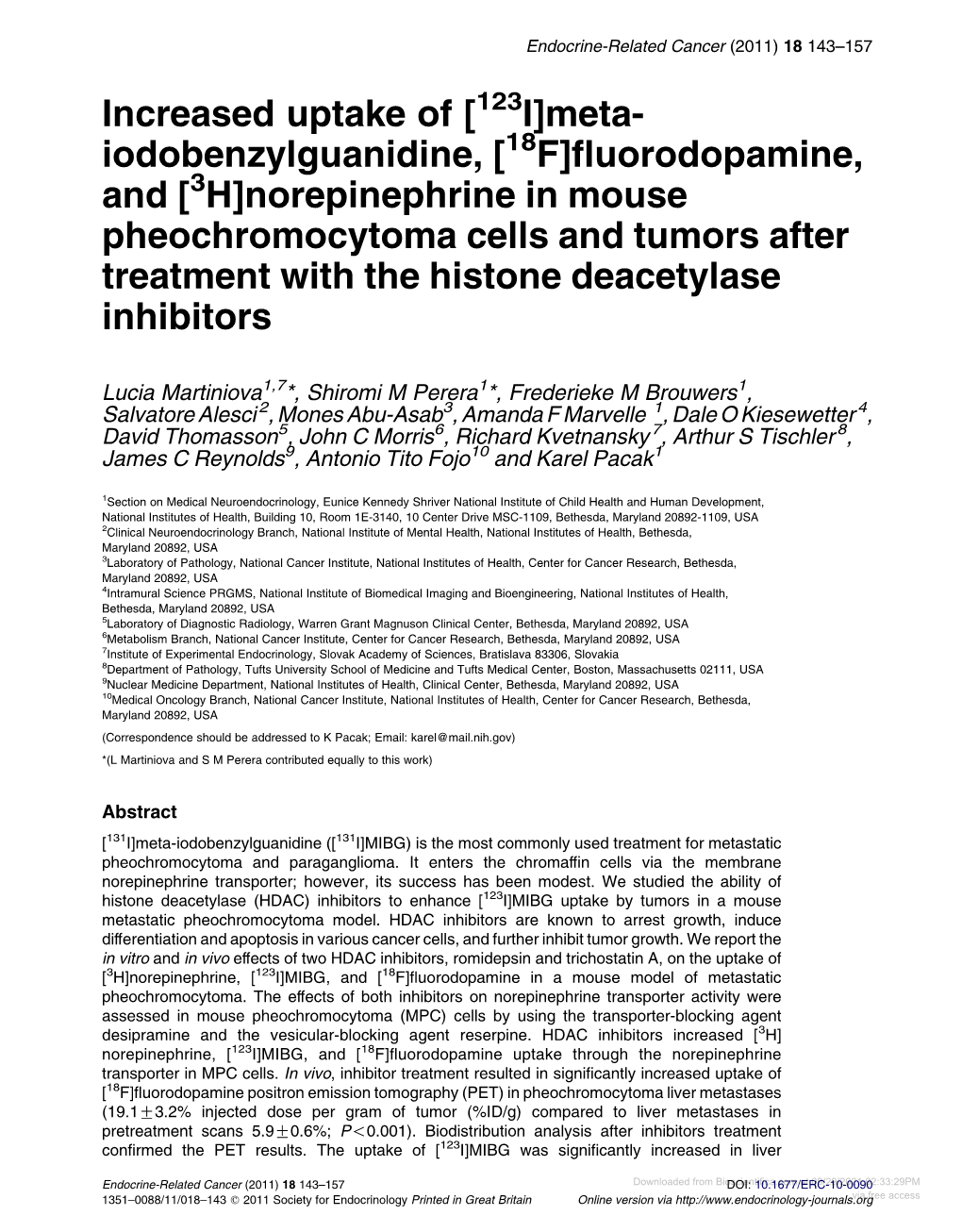 Norepinephrine in Mouse Pheochromocytoma Cells and Tumors After Treatment with the Histone Deacetylase Inhibitors
