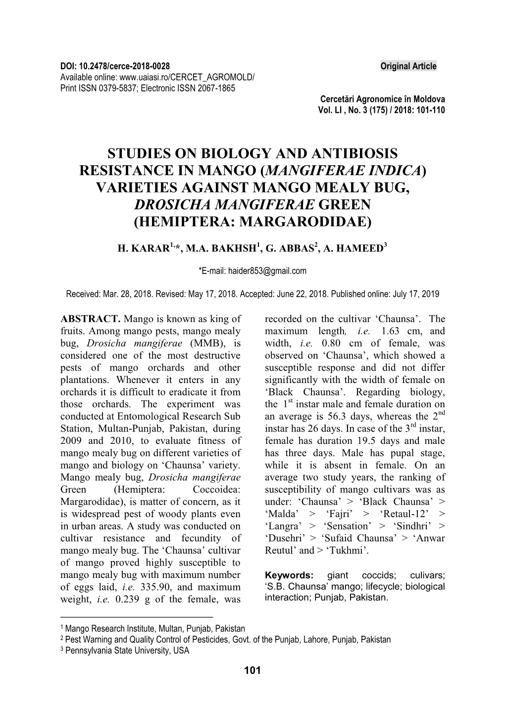 Varieties Against Mango Mealy Bug, Drosicha Mangiferae Green (Hemiptera: Margarodidae)