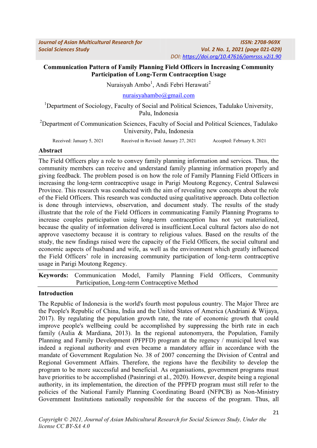 Communication Pattern of Family Planning Field Officers in Increasing Community Participation of Long-Term Contraception Usage N