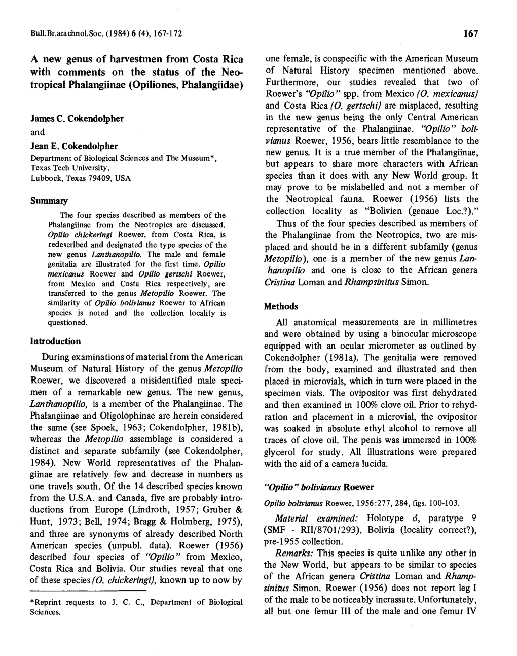 A New Genus of Harvestmen from Costa Rica with Comments on The