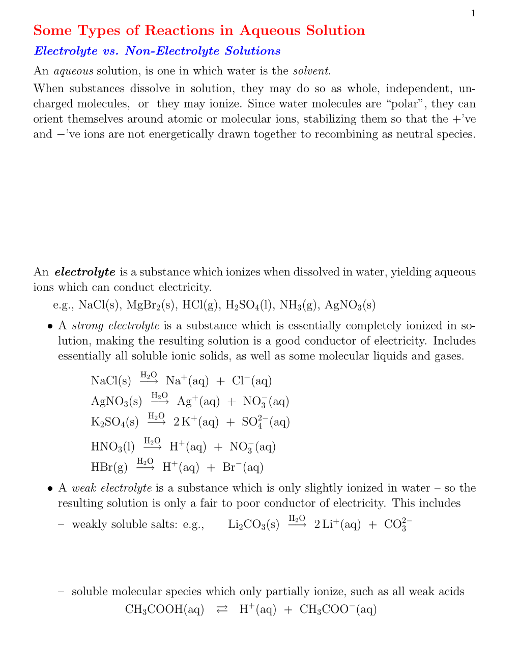 Some Types of Reactions in Aqueous Solution Electrolyte Vs