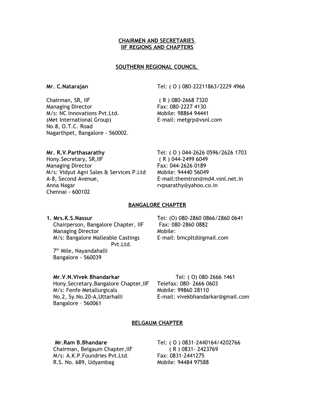 Chairmen and Secretaries Iif Regions and Chapters