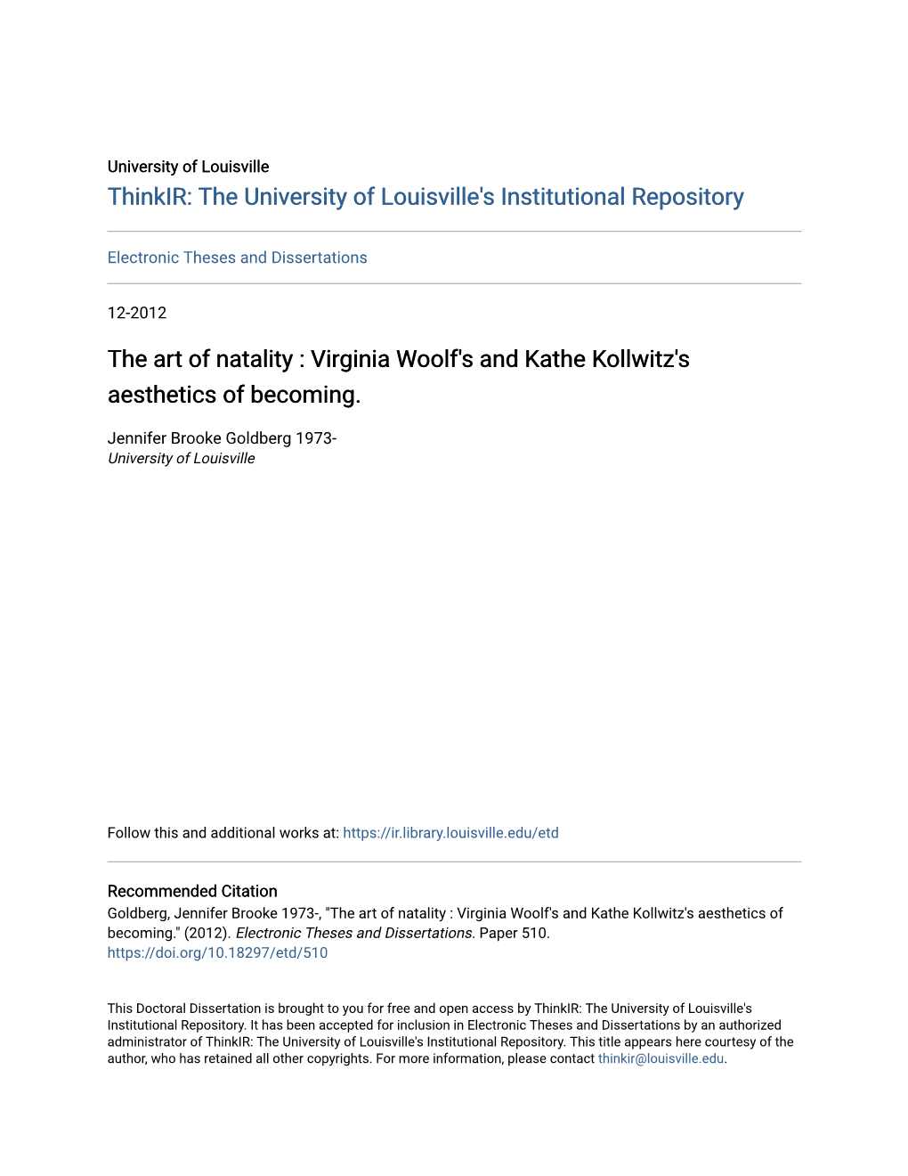 The Art of Natality : Virginia Woolf's and Kathe Kollwitz's Aesthetics of Becoming