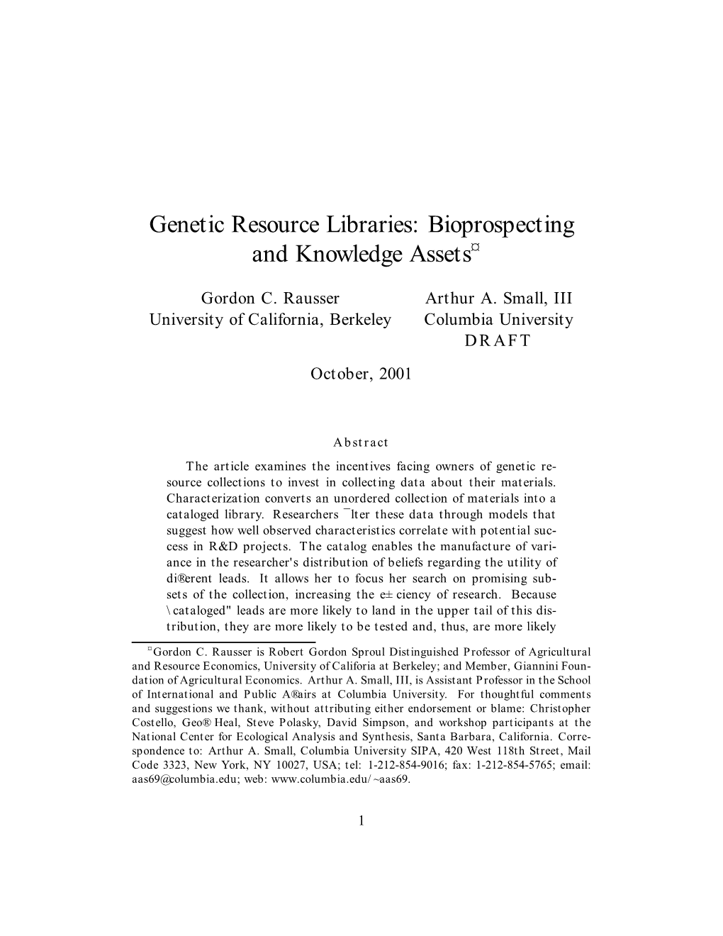 Genetic Resource Libraries: Bioprospecting and Knowledge Assets¤