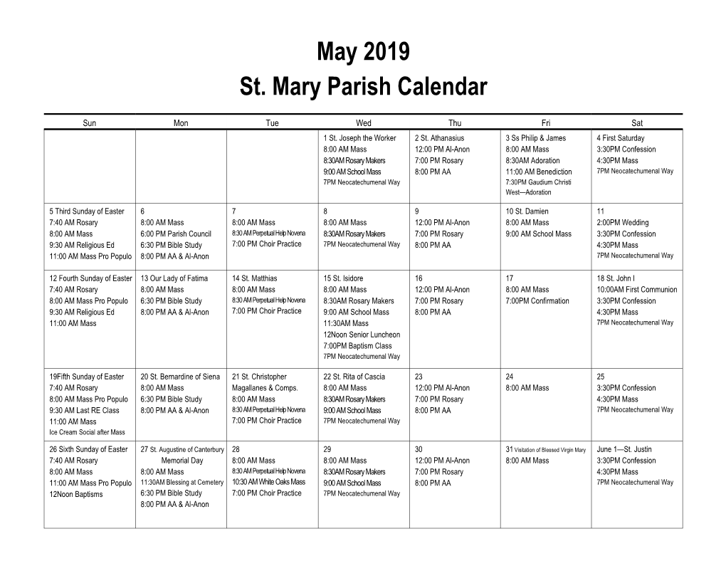May 2019 St. Mary Parish Calendar
