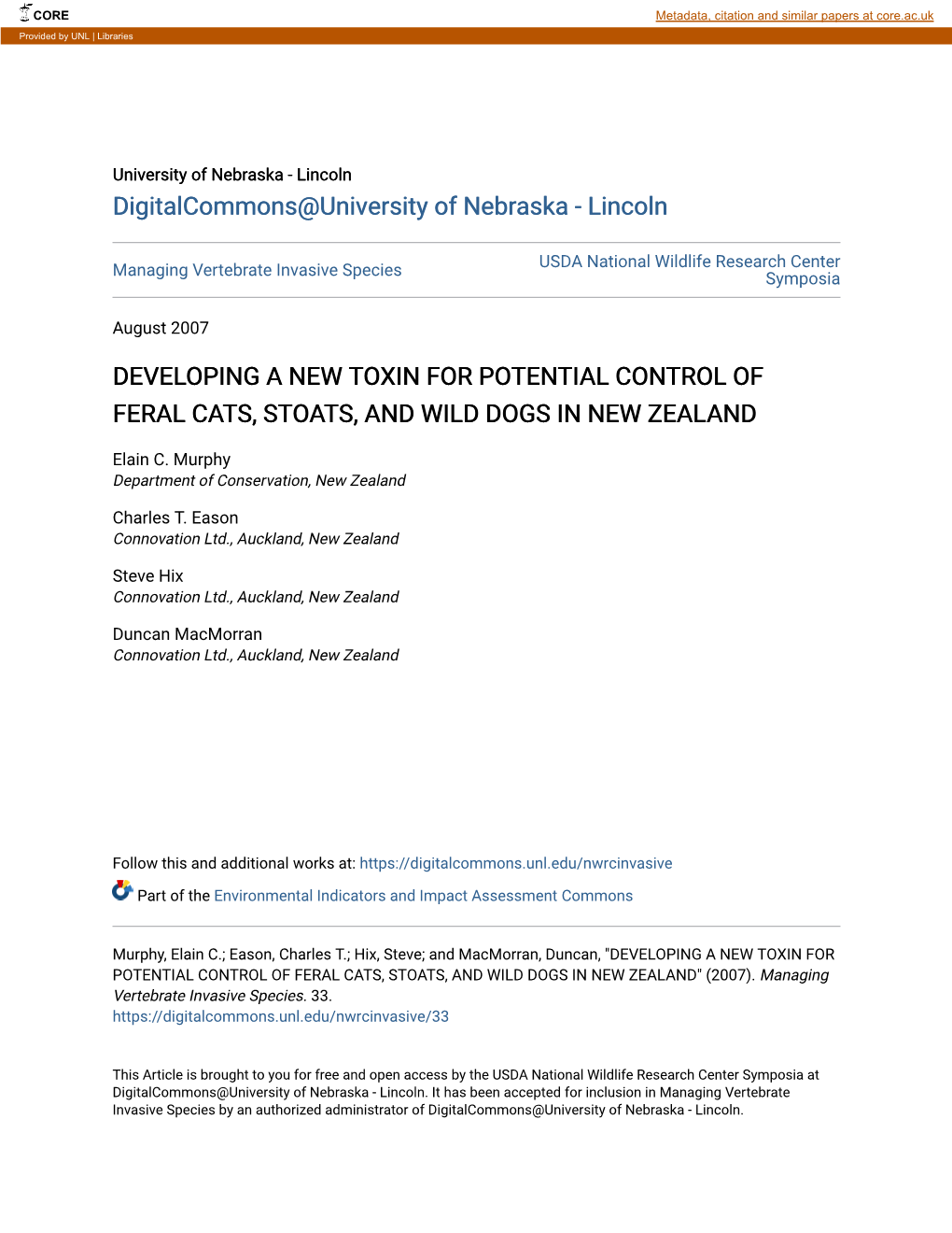 Developing a New Toxin for Potential Control of Feral Cats, Stoats, and Wild Dogs in New Zealand