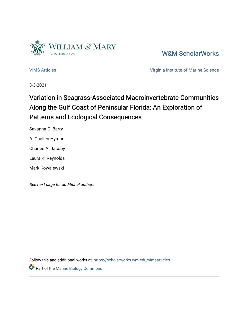 Variation in Seagrass-Associated Macroinvertebrate Communities Along the Gulf Coast of Peninsular Florida: an Exploration of Patterns and Ecological Consequences