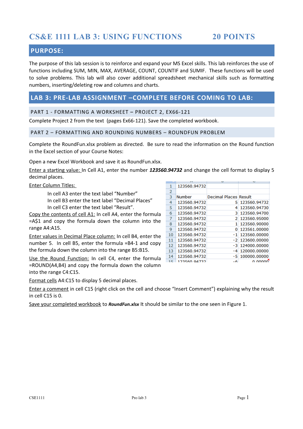 CS&E 1111 Lab 3: Using Functions 20 Points