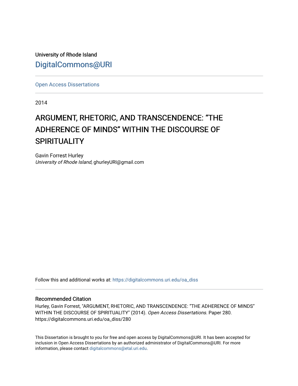 Argument, Rhetoric, and Transcendence: “The Adherence of Minds” Within the Discourse of Spirituality