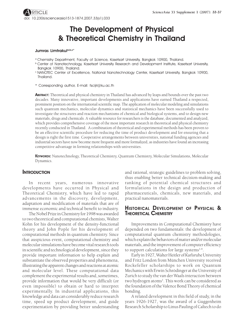 The Development of Physical & Theoretical Chemistry in Thailand