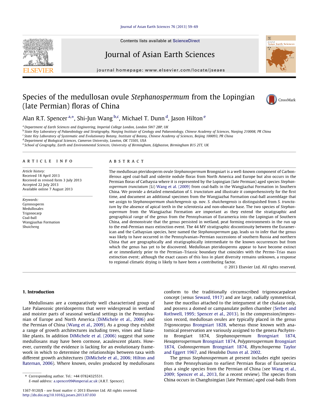 Species of the Medullosan Ovule Stephanospermum from the Lopingian (Late Permian) ﬂoras of China ⇑ Alan R.T