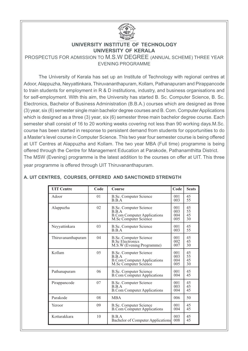 University Institute of Technology University of Kerala Prospectus for Admission to M.S.W Degree (Annual Scheme) Three Year Evening Programme